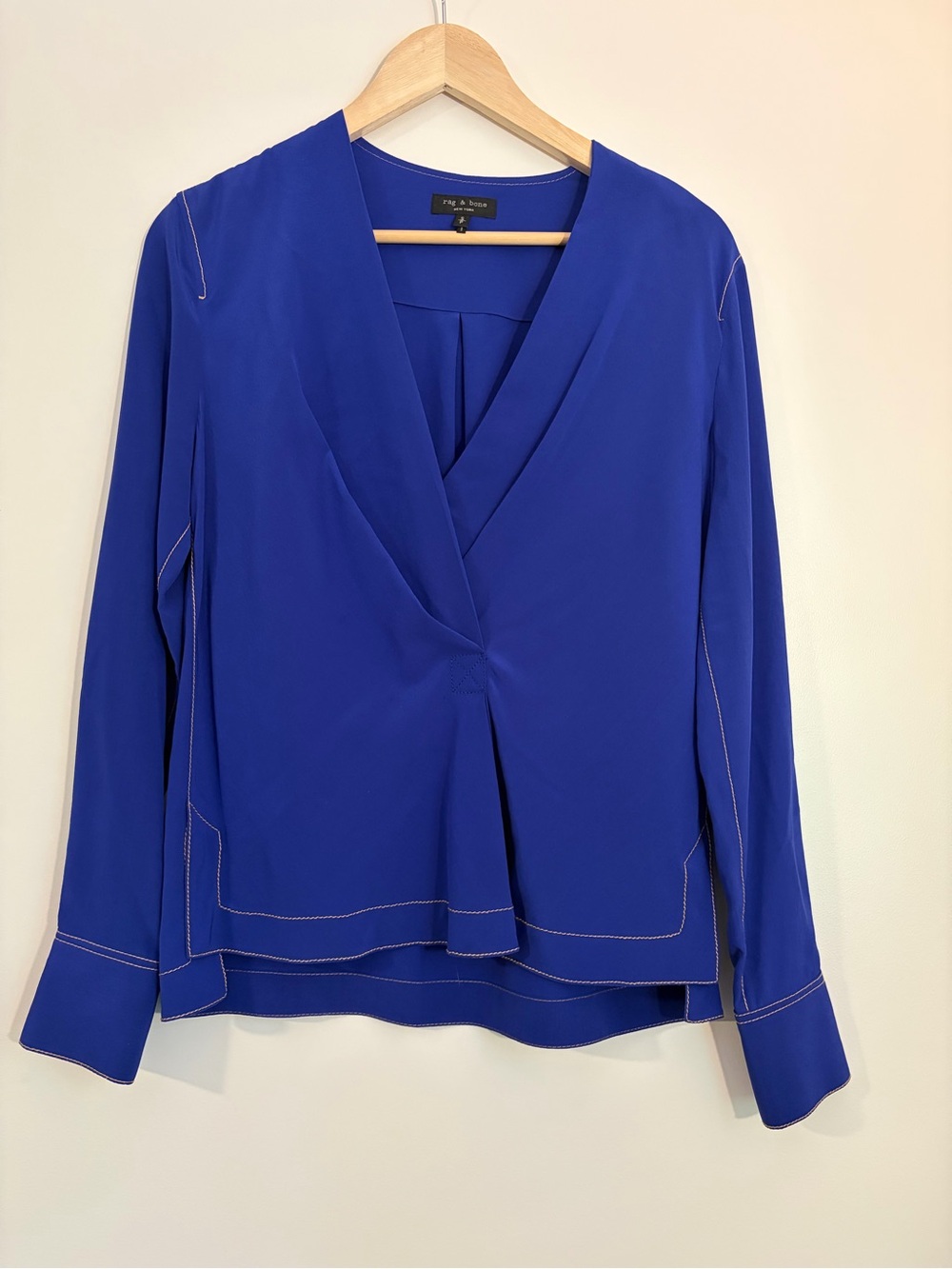rag & bone New York Silk Contrast-Stitch Wrap Blouse Blue — Size S/P READ